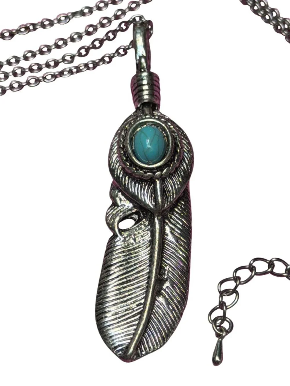Stainless Steel Feather Pendant Necklace Faux Turquoise Cabochon Biker 35.5